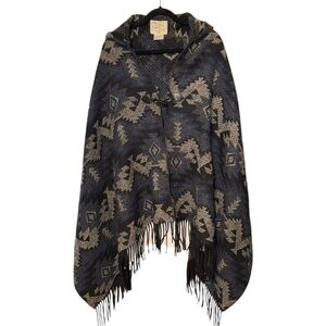 CRIPPLE CREEK Navajo Open Front Blanket Wrap Hooded Poncho W/ Fringe ONE SIZE